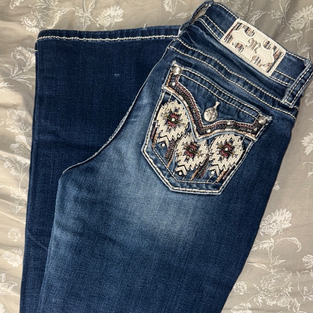 Miss Me Blue Boot Cut Jeans with Rhinestone Embellishments